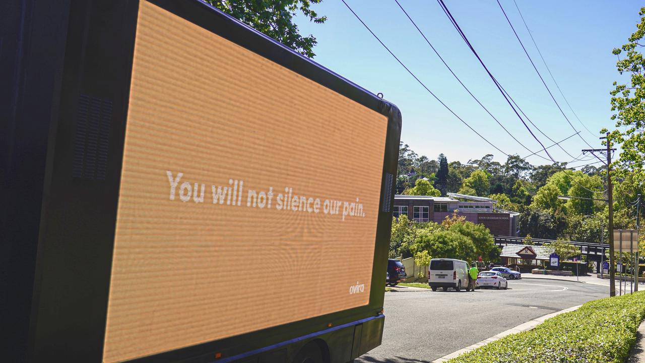 Drummond’s statement comes after activists parked a billboard out the front of his former school on Sydney’s upper north shore, declaring “you will not silence our pain”. Picture: Ovira via NCA NewsWire