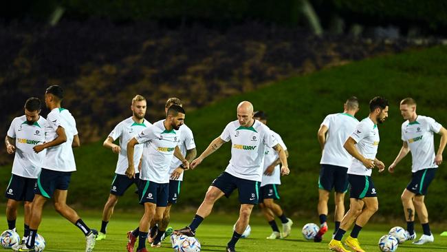 Australia trains in Doha ahead of next week’s World Cup match against France. Picture: CHANDAN KHANNA / AFP