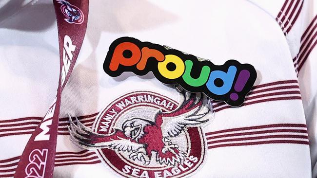 There was a lot of colour in the crowd at 4 Pines Park, with many fans wearing the Manly pride jersey and showing off rainbow flags. Picture: Getty Images