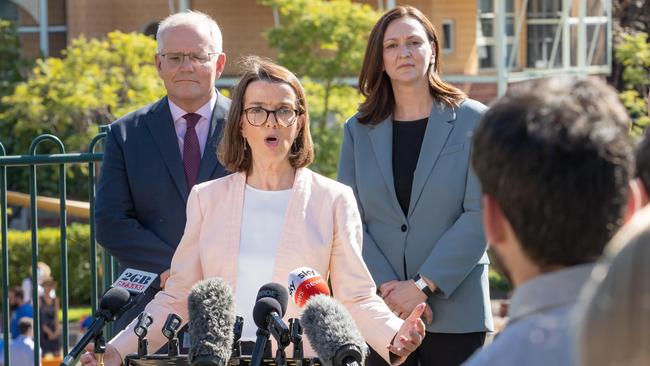 Prime Minister Scott Morrison with Senator Anne Ruston, Minister for Social Services and Maria Kovacic, Liberal Candidate for Parramatta. Picture: Jason Edwards