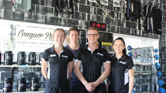 FITNESS FIRST: Amber Oliver, owner Christian Sutton, Les Everest and Zoe Bowman at the Kingaroy Conquer Fitness centre, before they were forced to close to adhere with the government’s social distancing rules. Photo: Laura Blackmore.