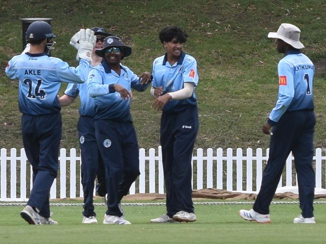 Parramatta celebrates a wicket. Picture: Sean Teuma