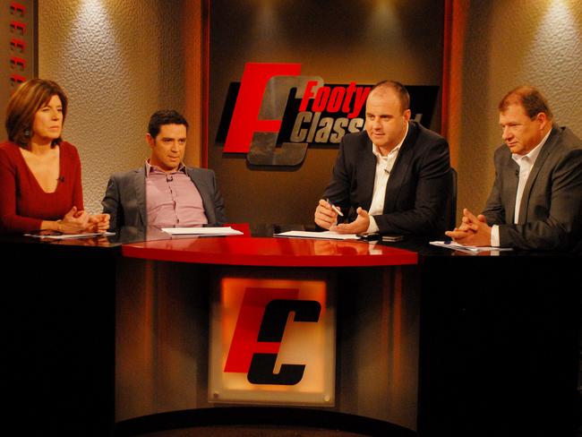 Caroline Wilson, Garry Lyon, Craig Hutchison and Grant Thomas on the set of TV show Footy Classified