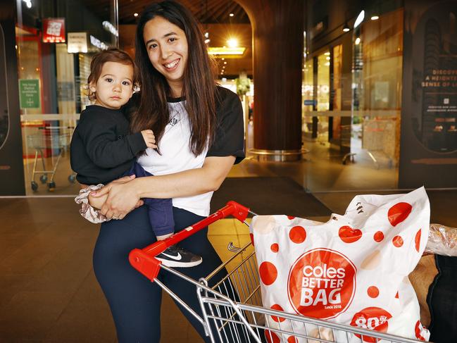 Sydney mum Genevieve Avelsohm with son Charlie after shopping at Coles in Green Square. Picture: Sam Ruttyn