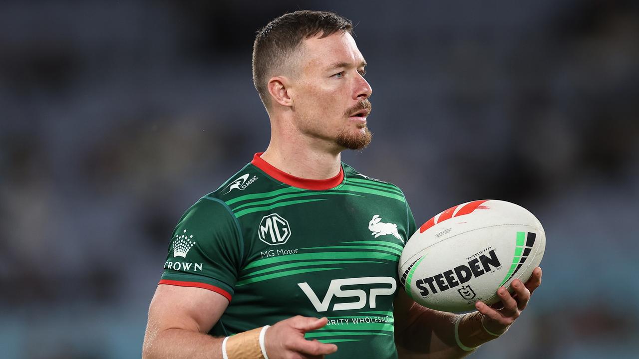 Damien Cook’s chances of winning back the NSW starting spot will increase if the Rabbitohs can beat the Wests Tigers and rival No.9 Api Koroisau. Picture: Cameron Spencer/Getty Images