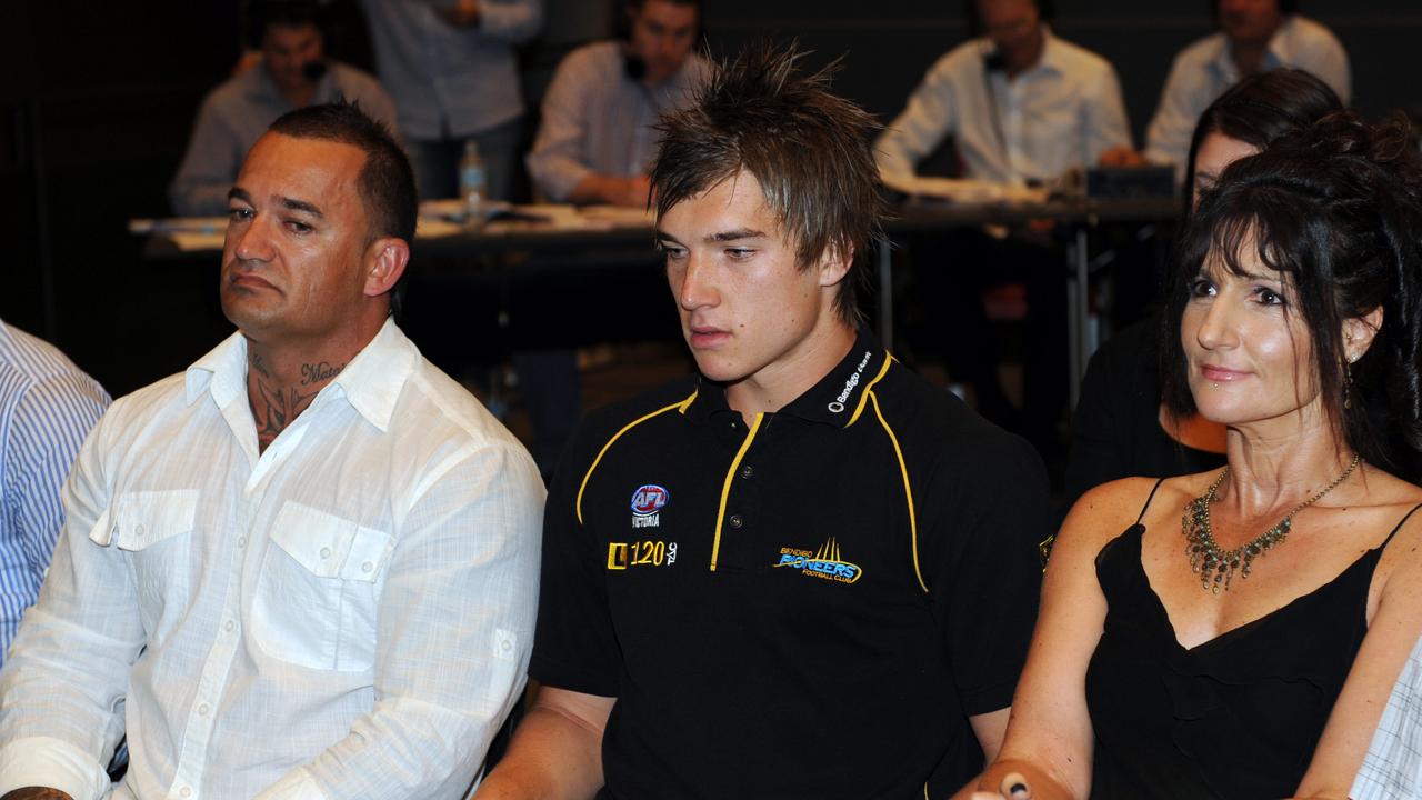 Dustin Martin when he was selected by Richmond in the AFL Draft with his parents, Shane and Kathy, sitting alongside him.