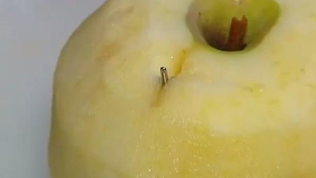 The contaminated apple with a needle in it discovered in Sydney. Picture: 7 News