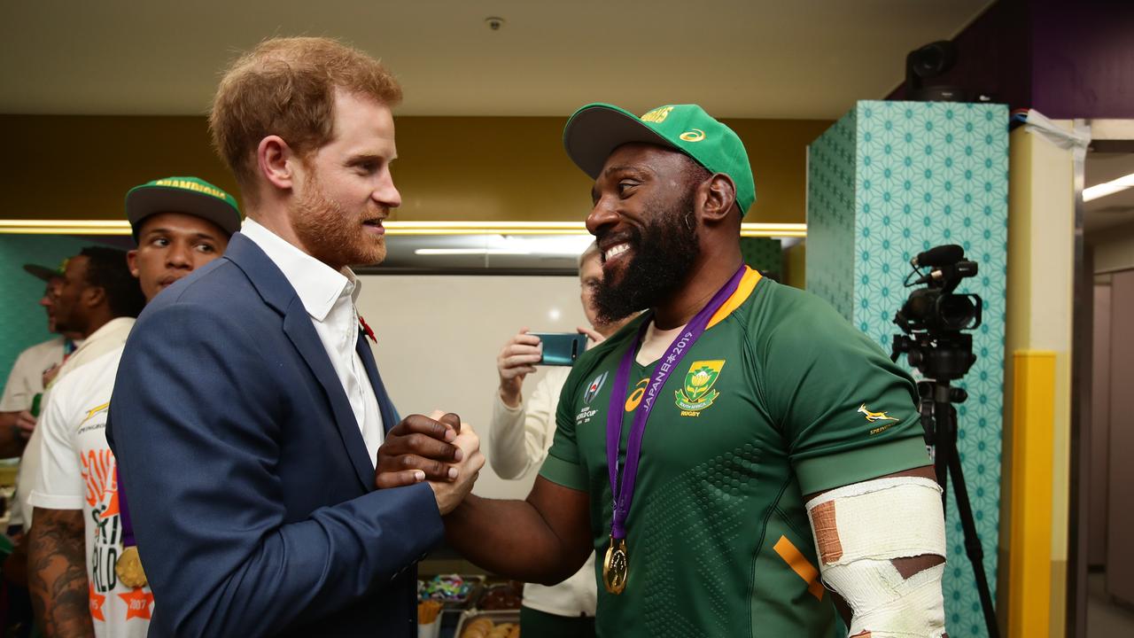 Prince Harry meets Tendai Mtawarira of South Africa after the Rugby World Cup 2019 in Tokyo, Japan. Picture: Juan Jose Gasparini/Gallo Images/Getty Images.