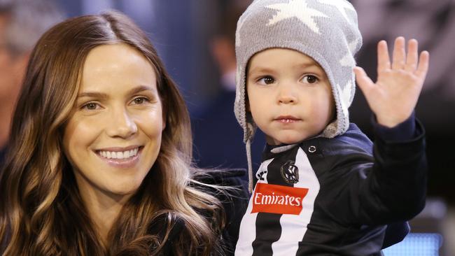 Alex Pendlebury and son Jax at Scott’s 300th game. Picture: Michael Klein.