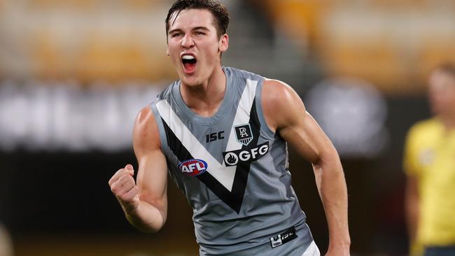 Connor Rozee celebrates a goal during the Power win. Picture: AFL Photos/Getty Images