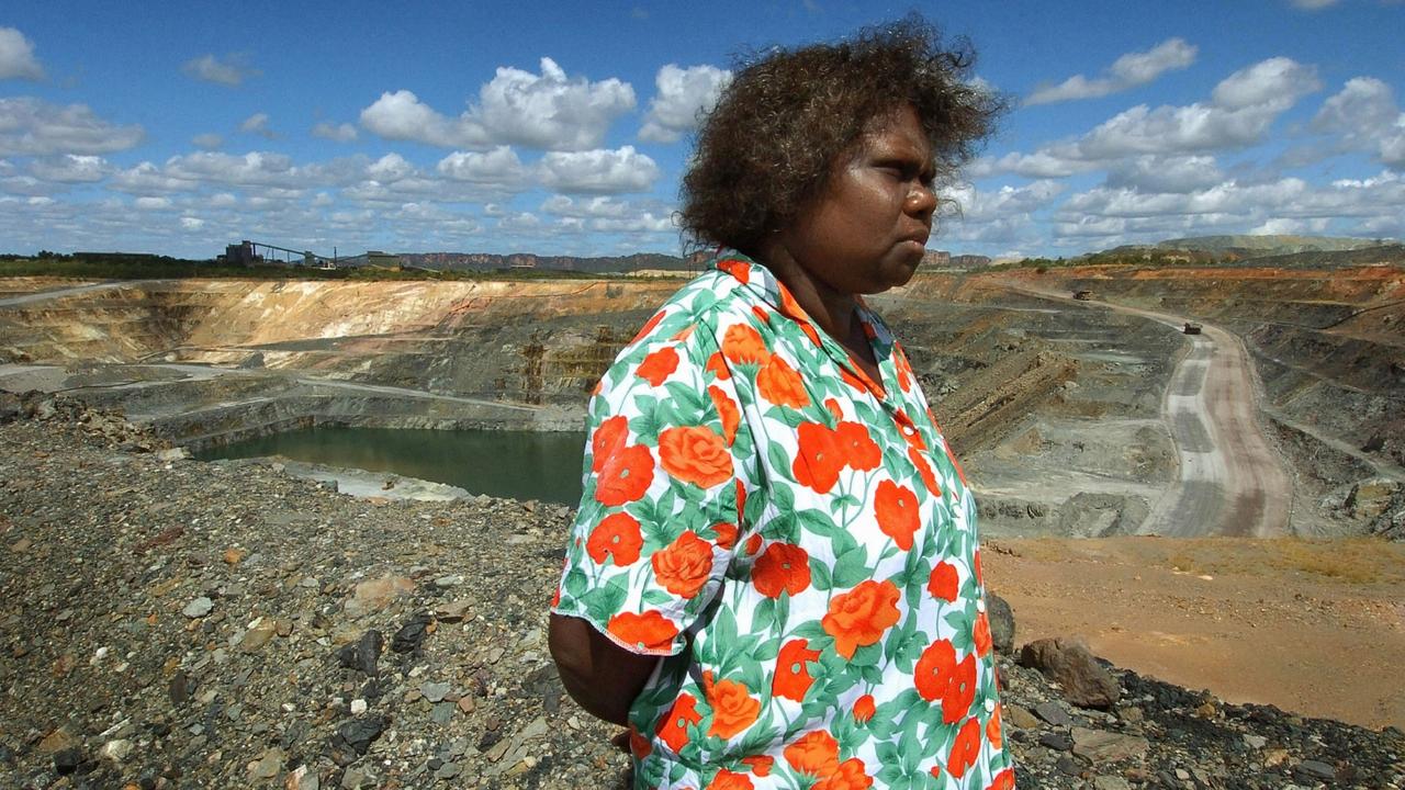 Senior traditional owner Yvonne Margarula of the Mirarr people stands in front of the Ranger uranium mine's pit number three in Kakadu National Park.