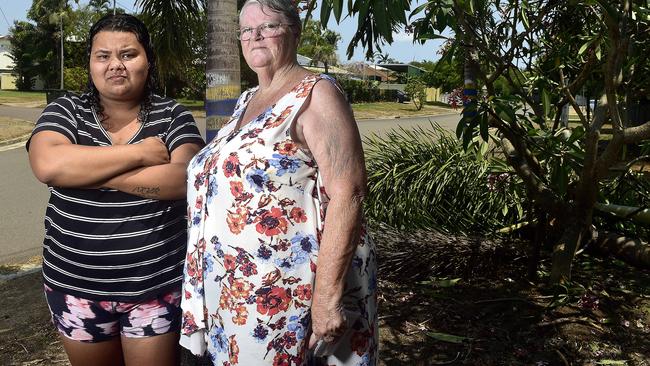 Kirwan residents Rhonda Ross and Lesley Williams, who is house sitting for her daughter, says there have been plenty of close calls at an intersection where a car crashed into palm trees and a frangipani bush on Tibarri St Kirwan. PICTURE: MATT TAYLOR.