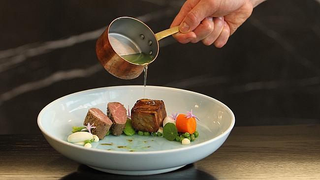 Roast lamb loin, lamb belly, buttermilk ricotta, broad beans and spring pea nage.