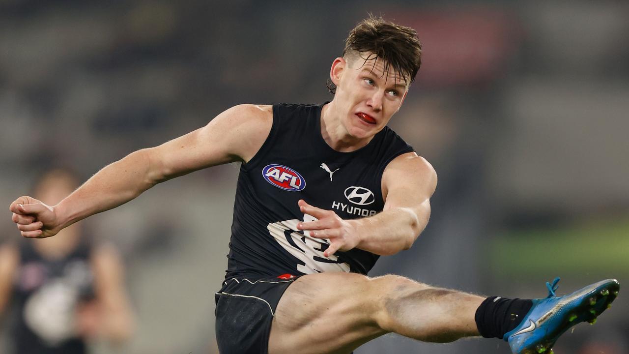 \Sam Walsh of the Blues kicks a goal against Geelong. Picture: Getty Images