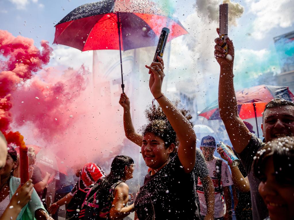 In Buenos Aires, demonstrators ignite flares in a protest to honour Argentina’s dictatorship victims, recalling the 1976 coup and its ensuing rights violations until 1983. Picture: Tomas Cuesta/Getty Images