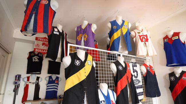 The VFA and VFL era jumpers hang proudly in Jordan’s home museum. Picture: David Caird