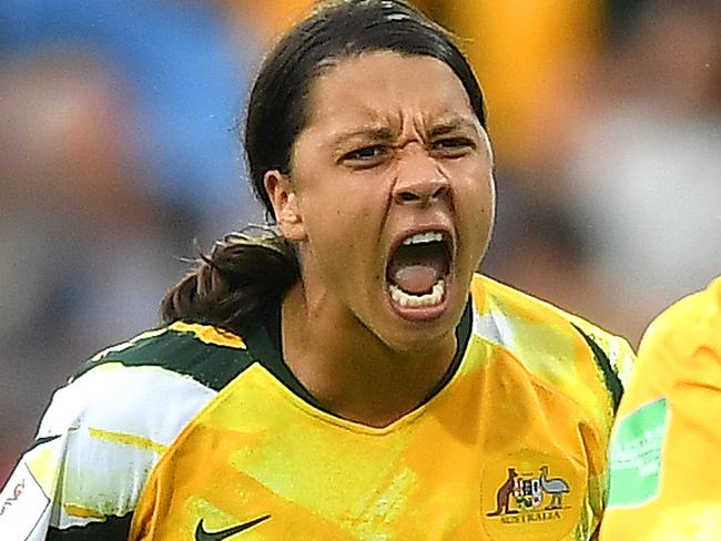 MONTPELLIER, FRANCE - JUNE 13:  Sam Kerr and Ellie Carpenter of Australia celebrate following their sides victory in the 2019 FIFA Women's World Cup France group C match between Australia and Brazil at Stade de la Mosson on June 13, 2019 in Montpellier, France. (Photo by Michael Regan/Getty Images)