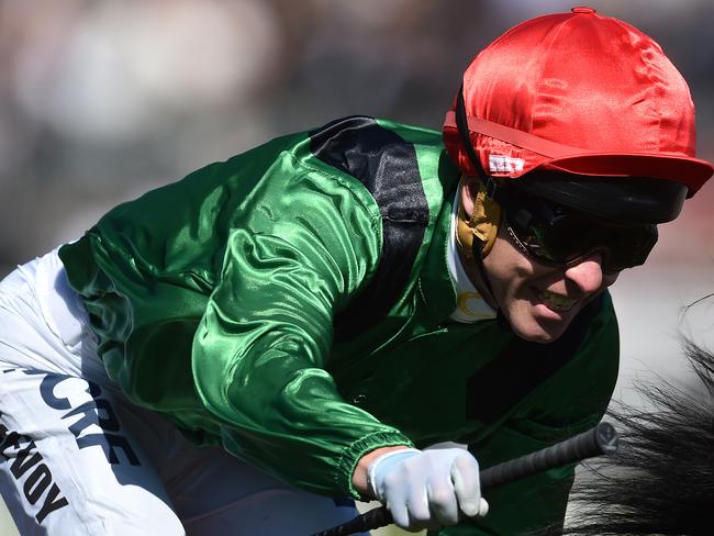 Kerrin McEvoy reacts after riding the Murray Baker-trained Turn Me Loose to victory in the Emirates Stakes. Picture: AAP