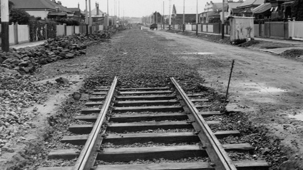 New electric tram tracks being laid in the early 20th Century; a legacy of Sir Thomas Bent’s time as transport minister.