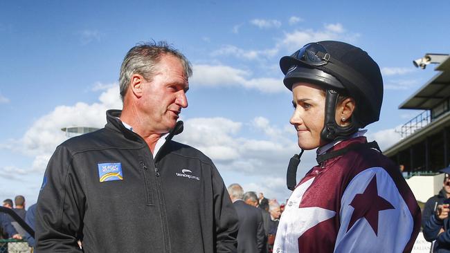 Warrnambool racing carnival - Galleywood Day, Race 8- Wangoom Handicap. Trainer Darren Weir with Michelle Payne before her ride on Star Collision. 4th May 2016. Picture: Colleen Petch.