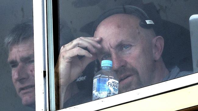 Roy Laird in the coaches box during his final match at the helm against Port Adelaide. Picture: Sarah Reed