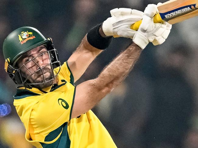 Australia's Glenn Maxwell plays a shot during the ICC Champions Trophy one-day international (ODI) cricket match between Australia and England at the Gaddafi Stadium in Lahore on February 22, 2025. (Photo by Aamir QURESHI / AFP)