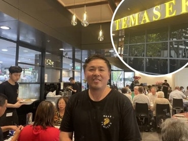 Canva composite with inset of Temasek owner Jeremy Cho and signage at the new location, also in George St, Parramatta.