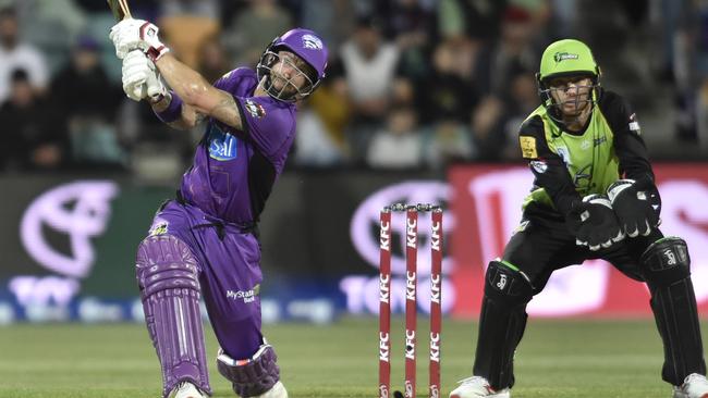 Matthew Wade thrashes a big six during his matchwinning knock. Picture: AAP