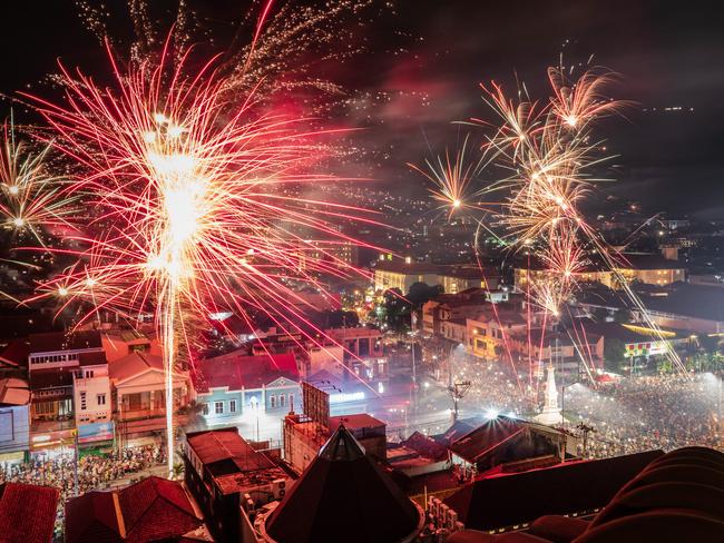 Fireworks illuminate the city's skyline during New Year's Eve celebrations of 2018 on January 1, 2019 in Yogyakarta, Indonesia. Picture: Getty