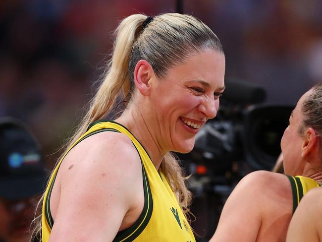 Lauren Jackson of Australia reacts after playing her final Opals game during the 2022 FIBA Women's Basketball World Cup 3rd place match between Canada and Australia at Sydney Superdome last year. Photo: Kelly Defina/Getty Images.