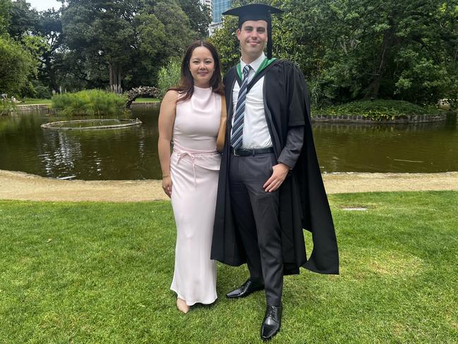 Dr Emma Pham (Doctor of Dental Surgery) and Max Burrows (Master of Instructional Leadership) at the University of Melbourne graduations held at the Royal Exhibition Building on Saturday, December 14, 2024. Picture: Jack Colantuono