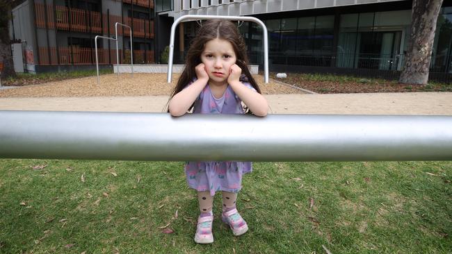 Avaline, 3, at Melbourne’s “saddest playground”. Picture: David Caird