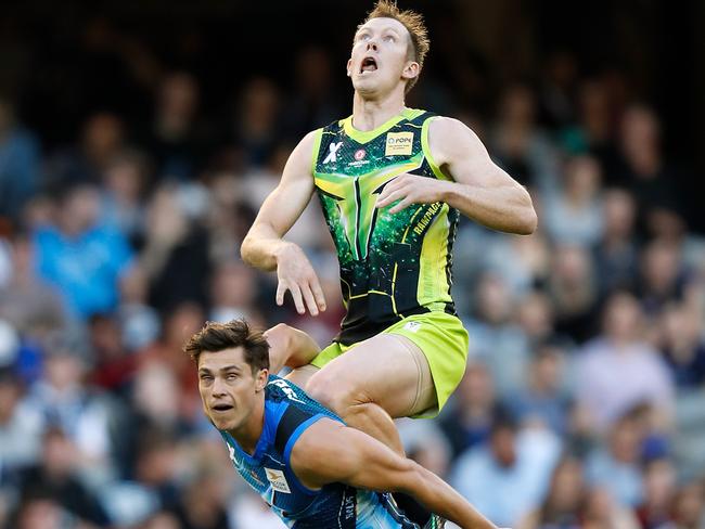 MELBOURNE, AUSTRALIA - FEBRUARY 22: Jack Riewoldt of Team Rampage takes a high mark over Jack Steele of Team Bolts during the AFLX match between Team Bolts and Team Rampage at Marvel Stadium on February 22, 2019 in Melbourne, Australia. (Photo by Michael Willson/AFL Media)