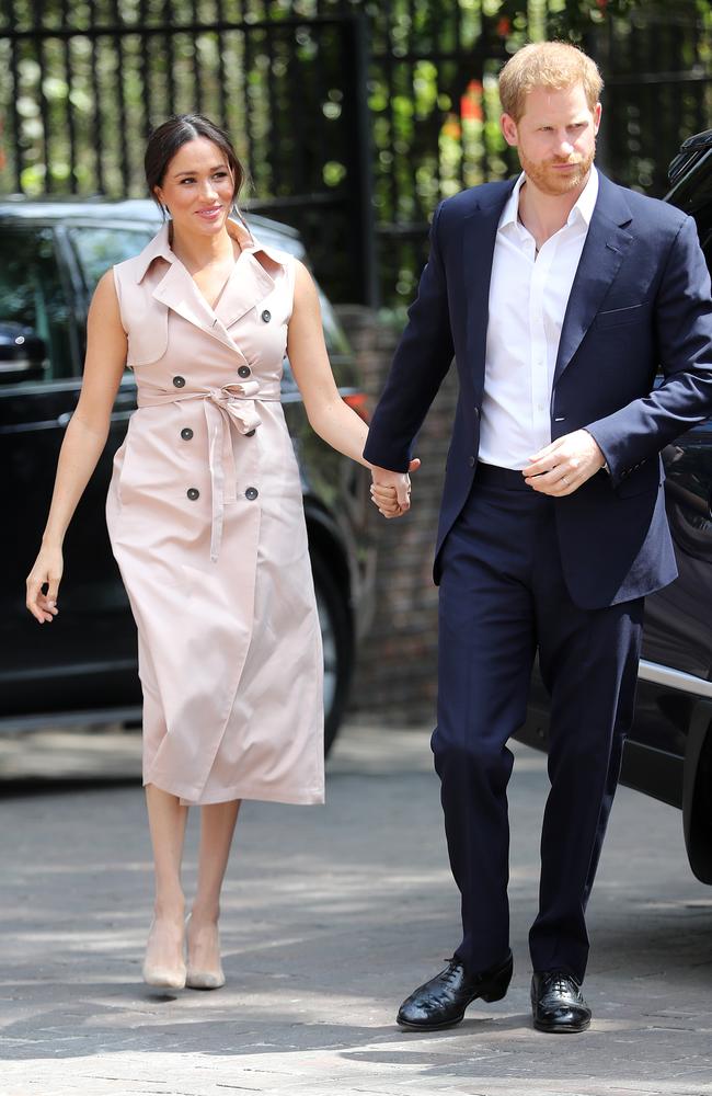 Meghan and Harry arrive to meet Graca Machel, widow of the late Nelson Mandela. Picture: Chris Jackson-Pool/Getty Images.