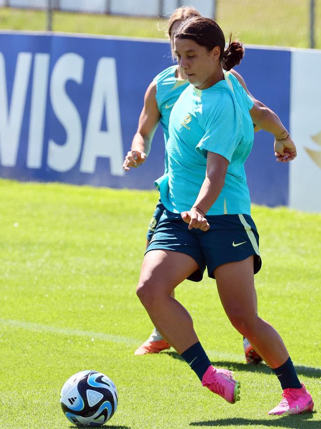 Sam Kerr during the Matildas Training session in Brisbane. Picture: NCA NewsWire/Tertius Pickard