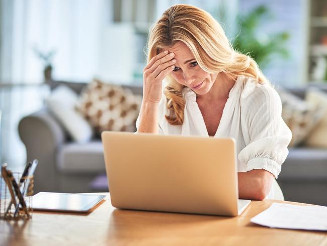 Business woman stress, burnout or laptop anxiety 404 error, financial stress or mental health in house. Depression, tired or remote employee with headache from audit, tax finance or financial debt, mortgage interest rates generic