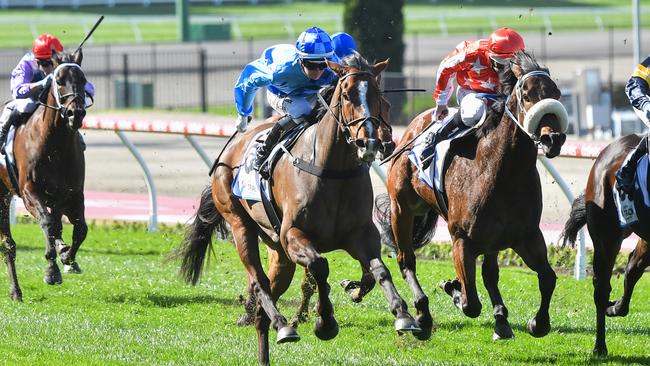 Jamie Kah and A Little Deep round the field to win the Chautauqua Stakes at The Valley on Saturday. Picture: Pat Scala/Racing Photos via Getty Images