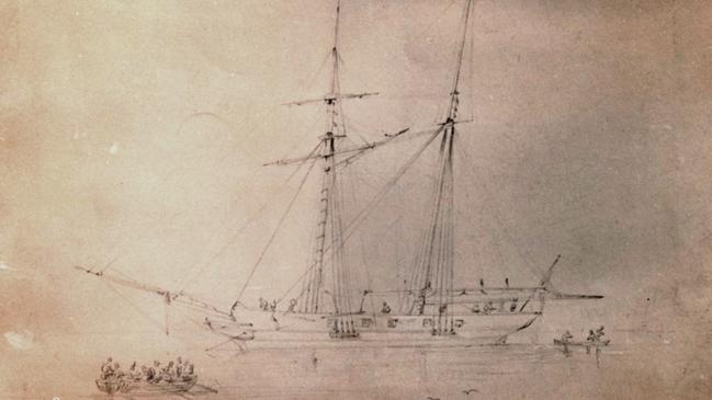 A sketch of The Lady of St Kilda, the ship that brought James Ross Lawrence to the Port Phillip District. Picture: State Library of Victoria