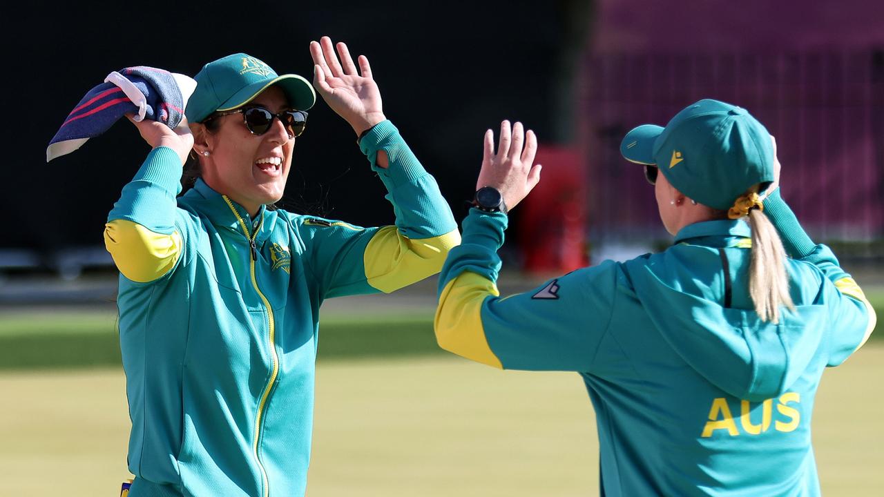 Ellen Ryan and Kristina Krstic of Team Australia react during Women's Pairs - Gold Medal Match.  (Photo by Stephen Pond/Getty Images)