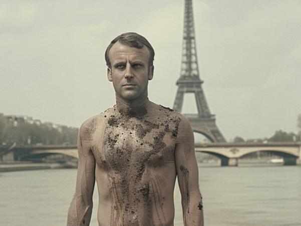 An AI generated image of French President Emmanuel Macron, The Seine River, France.  https://x.com/MickaelLaffont/status/1794098708906164575