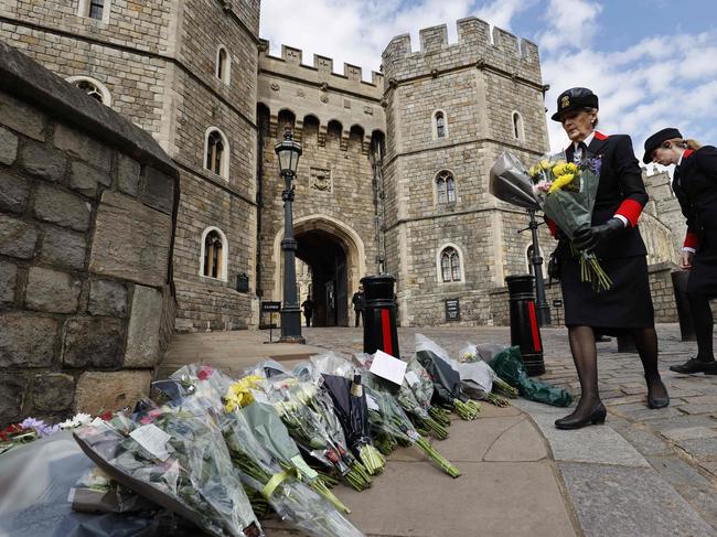 Mourners leave flowers at Windsor Castle after the death of Prince Philip. Picture: AFP