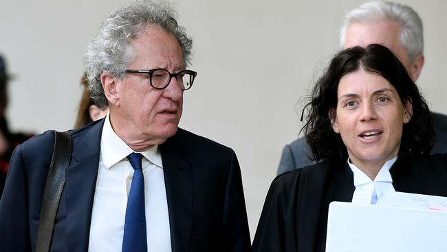 Australian actor Geoffrey Rush arrives at the Supreme Court in Sydney today. Picture: Joel Carrett/AAP