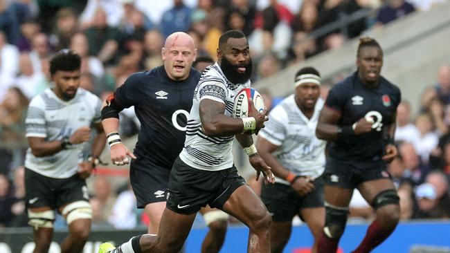 Semi Radradra of Fiji breaks with the ball during the Summer International match between England and Fiji at Twickenham Stadium on August 26, 2023 in London, England. (Photo by David Rogers/Getty Images)