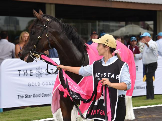 Winner of race 7 Away Game connections celebrate at the Magic Millions race day at the Gold Coast Turf Club. (Photo/Steve Holland)