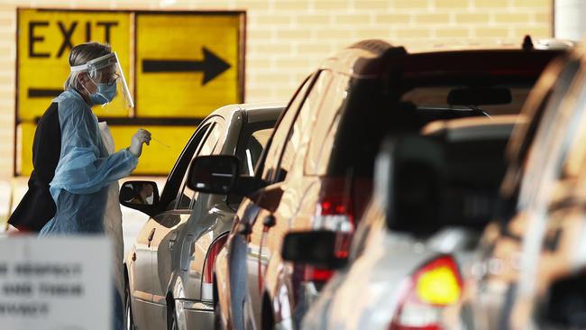 Cars queue up for a COVID-19 test at a pop-up test site at Broadmeadows Central in Melbourne’s north. Picture: NCA NewsWire / Daniel Pockett