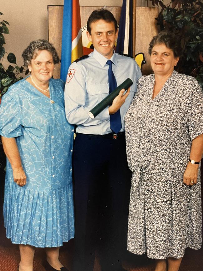 Monica Marshall, Terry Marshall’s mum on his right and Joan Fitzgerald, Terry’s aunty on his left when he first graduated. Picture: Supplied