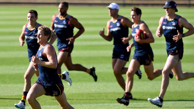 Vice-captain Rory Sloane leads the way the Adelaide Crows return to training at Thebarton Oval this week. Picture: AAP Image/Mark Brake