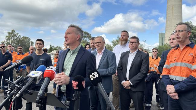 Prime Minister Anthony Albanese, MP Chris Bowen and MP Penny Sharpe visited the Hunter Valley to announce a $1 billion program that aims to boost the number of solar panels made in Australia. Liddell Power Station near Muswellbrook will be developed as a solar manufacturing hub. Photo: PMO / Supplied