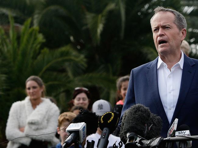 Labor leader Bill Shorten addresses the media at Maribyrmong on Sunday. Picture: Lisa Maree Williams/Getty Images