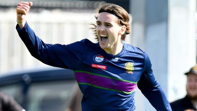 Anthony Cafari celebrates a goal for Old Paradians. Picture: Josh Chadwick